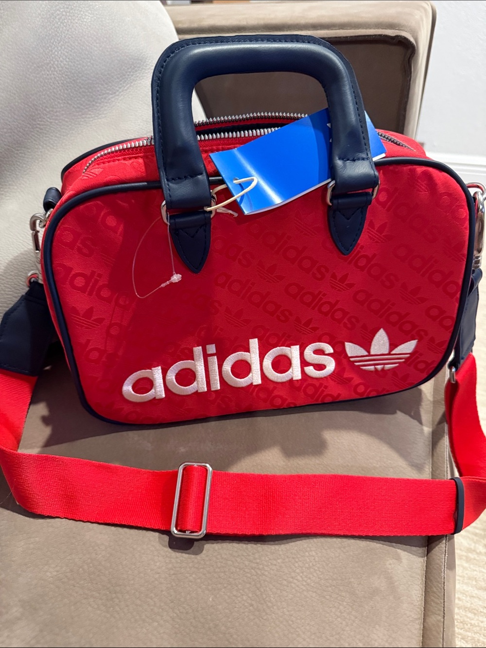 adidas Red Mini Duffel Crossbody Bag with Navy Trim